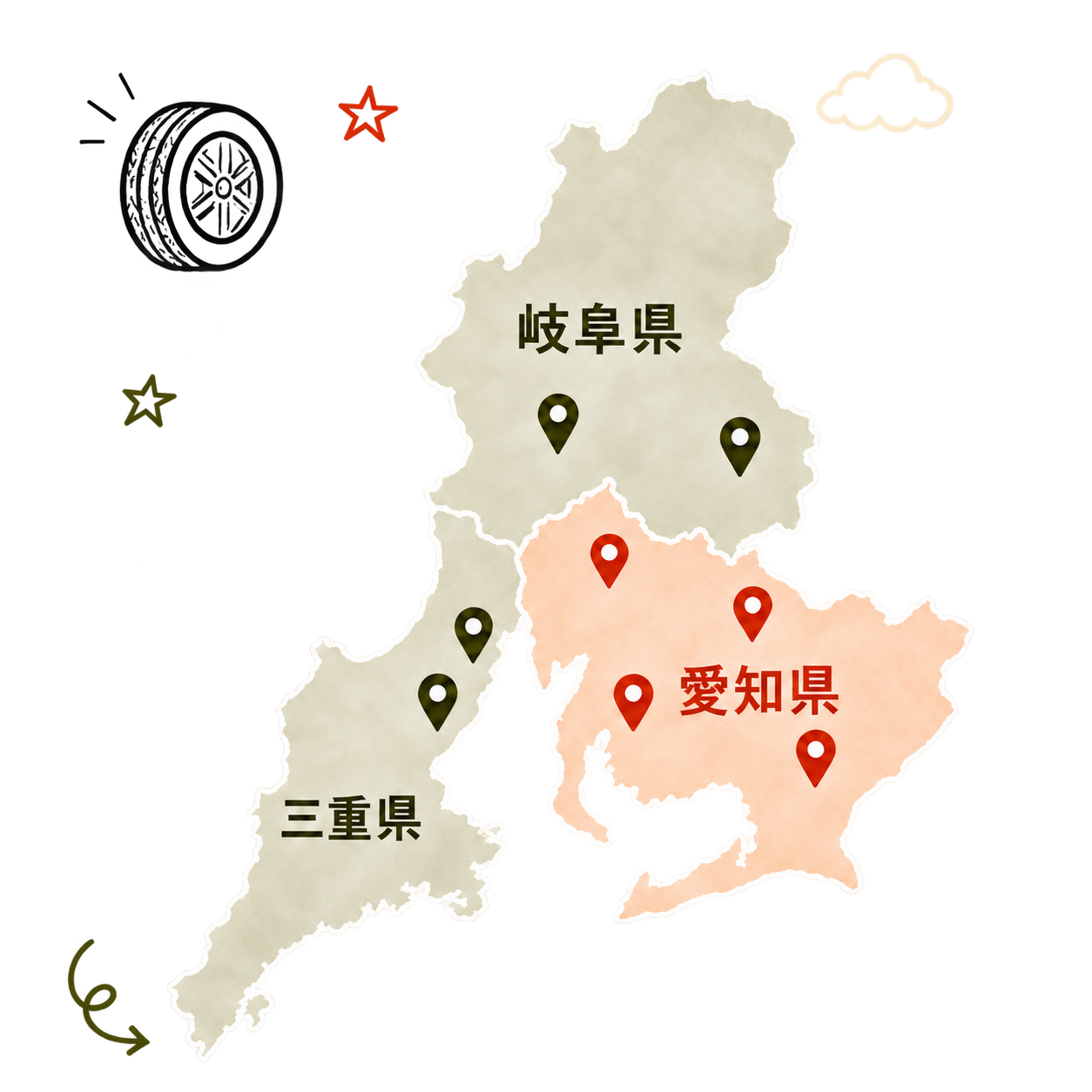 愛知県・岐阜県・三重県にある対象8店舗の位置を示した地図